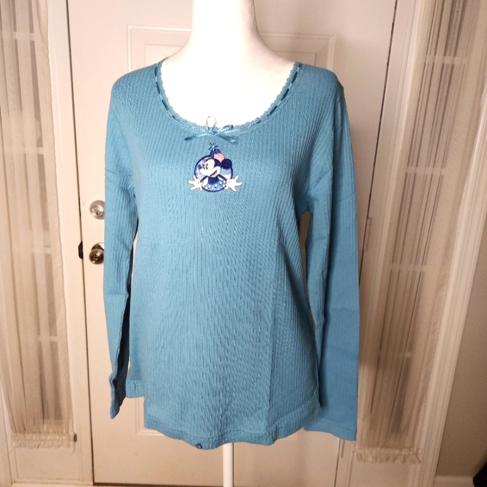 NWT Disneyland Blue Minnie Mouse Long Sleeve Ribbed Top Size Large